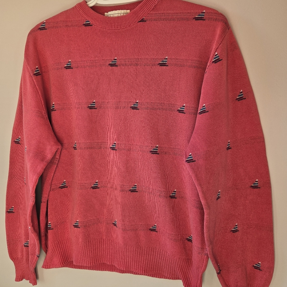 VTG Lord Jeff Pink Sailboat Knit Sweater | 100% Cotton | Made in USA | Medium
